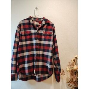 JACHS Men's Plaid Flannel Shirt L Red work Navy‎ cotton Herringbone Button Front